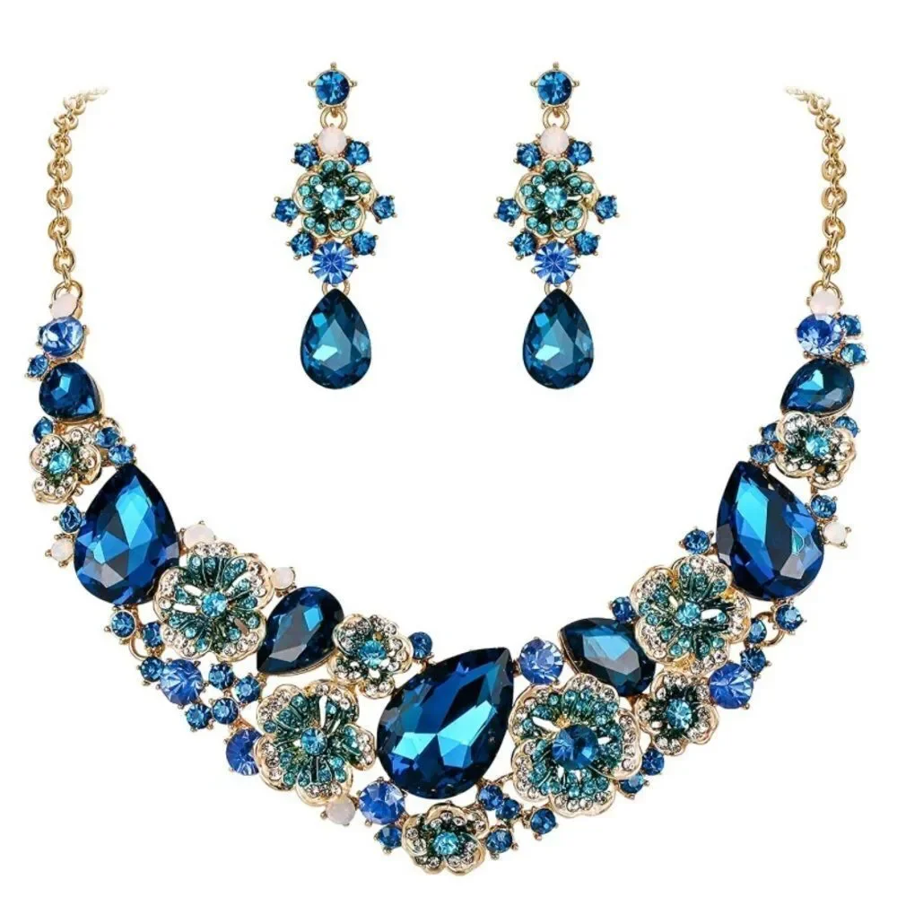Yellow Gold & Sapphire Blue Austrian Crystal Camellia Necklace and Earrings Set